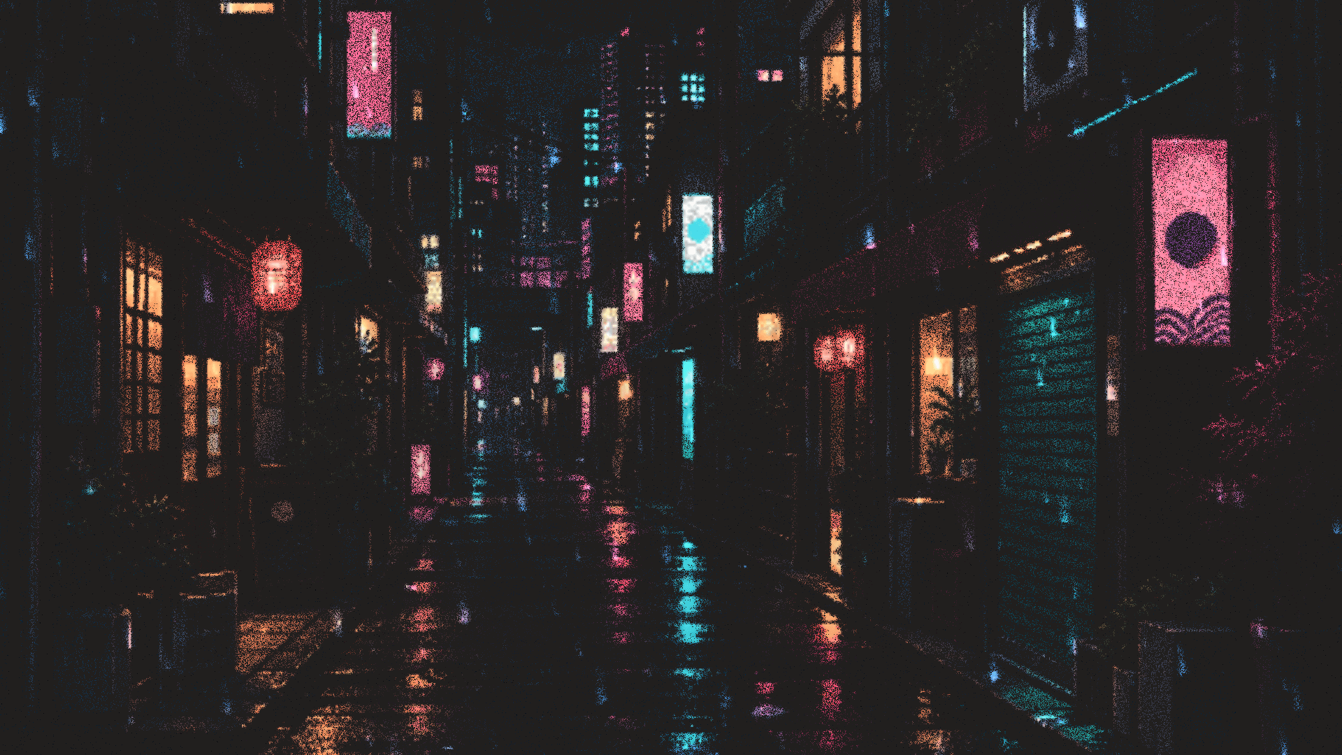 Neon Alley rendered in ASCII, with pink and cyan lights